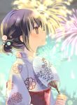  aerial_fireworks black_hair blurry blurry_background blush brown_eyes closed_mouth cloud commentary_request day depth_of_field fan fingernails fireworks floral_print from_side hair_ornament hand_up holding holding_fan japanese_clothes kimono kuga_tsukasa obi original paper_fan print_kimono profile sash sideways_mouth sky solo tears uchiwa white_kimono yukata 