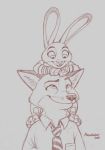  2018 anthro buckteeth canine claws clothed clothing disney duo female fox inner_ear_fluff judy_hopps lagomorph looking_down looking_up male mammal monochrome necktie nick_wilde rabbit richard_foley shirt simple_background size_difference smile teeth toe_claws zootopia 