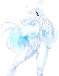  antennae black_sclera blue_eyes breasts carapace claws commentary extra_eyes eyes_visible_through_hair fur_collar hair_over_one_eye highres huge_breasts insect_girl long_hair looking_at_viewer monster_girl nipples original scleriteaeaeaggadah slugbox smile white_background white_hair white_skin 