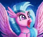  2018 abstract_background avian equine female feral happy hippogryph jewelry mammal my_little_pony necklace open_mouth reaction_image silverstream_(mlp) solo spread_wings thediscorded wings 