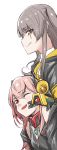  a_bao angry bangs bare_shoulders black_jacket blush brown_eyes commentary_request dinergate_(girls_frontline) eyebrows_visible_through_hair fang from_side girls_frontline grey_hair hair_between_eyes headgear jacket long_hair m4_sopmod_ii_(girls_frontline) megaphone mod3_(girls_frontline) multicolored_hair multiple_girls on_shoulder one_eye_closed one_side_up open_mouth pink_hair red_eyes red_hair ro635_(girls_frontline) scar scar_across_eye shirt simple_background smile streaked_hair ump45_(girls_frontline) white_background white_shirt zipper 