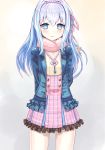  blue_eyes blue_hair blue_jacket bow chicken_(chickenx) closed_mouth commentary_request cowboy_shot frills gradient_hair hair_bow hair_intakes highres jacket jewelry long_hair looking_at_viewer mana_(shironeko_project) multicolored_hair necklace pink_bow pink_skirt plaid plaid_skirt shironeko_project silver_hair skirt solo standing 