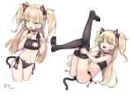  animal_ears arms_up ass bell black_bra black_hair black_panties blonde_hair blue_eyes bra cat_ears cat_lingerie cat_tail choker commentary english_commentary fang girls_frontline gogongzid highres jingle_bell knees_together_feet_apart legs_up long_hair lying meme_attire multiple_views navel no_shoes on_back open_mouth panties paw_pose side-tie_panties simple_background super_shorty_(girls_frontline) tail thighhighs two_side_up underwear white_background 