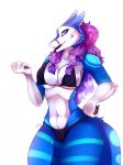  2018 5_fingers abs anthro big_breasts bikini blue_eyes blue_fur breasts clothed clothing digital_media_(artwork) female fur kristiana_puff looking_at_viewer midriff navel sergal simple_background smile solo standing swimsuit white_background 