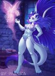  2018 4_toes 5_fingers anthro breasts clothed clothing detailed_background dragon duo female feral hair horn imanika midriff navel nipples panties purple_eyes purple_hair pussy smile spirit toes underwear 