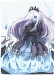 alder black_gloves blue_eyes blue_skin blush breasts elbow_gloves eyebrows_visible_through_hair gloves hair_over_one_eye large_breasts long_hair looking_at_viewer monster_girl_encyclopedia parted_lips smile solo white_hair will-o'-the-wisp_(monster_girl_encyclopedia) 