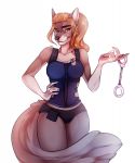  2018 5_fingers amber_eyes anthro blonde_hair braided_hair breasts canine clothed clothing digital_media_(artwork) dog female hair handcuffs kristiana_puff looking_at_viewer mammal panties shackles simple_background smile solo standing underwear white_background 