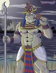  2018 abs anthro bite claws crocodile crocodilian deity drooling eating egyptian egyptian_clothing food full_moon gem jewelry looking_at_viewer male meat moon muscular night nipples pyramid reptile river saliva scalie sobek solo wanikami water 