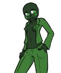  breasts calliope_(homestuck) cherub_(homestuck) clothing erect_nipples exposed_breasts female front_view green_bottomwear green_clothing green_eyes green_nipples green_skin green_theme green_topwear hand_in_pocket hand_on_thigh homestuck humanoid jacket looking_at_viewer ms_paint_adventures navel nipples not_furry open_jacket portrait rainbowsprinklesart sharp_teeth simple_background solo standing teeth three-quarter_portrait white_background 