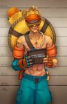  1boy abs absurdres artist_name beachrat blonde_hair bracelet character_name dreamer_whit fingerless_gloves fire gloves highres jewelry junkrat_(overwatch) male_focus nail_polish necklace overwatch shirtless solo sunglasses swimsuit tattoo teeth tongue tongue_out 