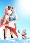  &gt;_&lt; absurdres animal bangs bikini black_bikini blue_bikini breasts cat cellphone closed_mouth day eyebrows_visible_through_hair eyewear_on_head flip_phone girls_frontline grey_hair hair_flaps hand_up hands_up highres junsuina_fujunbutsu large_breasts lifebuoy long_hair mdr_(girls_frontline) medium_breasts multicolored_hair multiple_girls nail_polish navel ntw-20_(girls_frontline) on_head open_mouth phone pink_hair sarong self_shot side_ponytail sidelocks sky starfish streaked_hair striped striped_bikini summer sun sunglasses swimsuit turtle turtle_shell water 