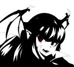  bangs commentary english_commentary greyscale head_wings highres inktober long_hair looking_at_viewer monochrome open_mouth original portrait reddgeist simple_background slit_pupils solo spot_color vampire white_background 