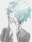  1other absurdres androgynous colored_eyelashes covering_mouth crystal_hair gem_uniform_(houseki_no_kuni) ghost_quartz_(houseki_no_kuni) grey_background grey_eyes grey_hair hair_over_one_eye hand_over_own_mouth highres houseki_no_kuni kokemaru_(12tama02) laughing looking_at_viewer necktie short_hair_with_long_locks silver_eyes silver_hair smile solo upper_body white_background white_skin 