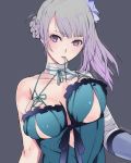  artist_name asymmetrical_hair bandaged_arm bandages bangs black_background braid breast_lift breasts collarbone eyebrows_visible_through_hair flower hair_flower hair_ornament halter_top halterneck highres kaine_(nier) large_breasts looking_at_viewer merino_(nitou) mouth_hold nier nier_(series) purple_eyes side_braid simple_background solo upper_body 