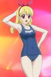  :o aikatsu! arm_behind_head armpits artist_request bangs bare_arms bare_shoulders collarbone covered_navel hairband hand_on_hip hoshimiya_ichigo legs looking_at_viewer medium_breasts mound_of_venus name_tag official_art parted_bangs school_swimsuit solo swimsuits very_long_hair 