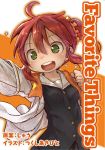  ahoge artist_name blush breasts cover cover_page doujin_cover eyebrows_visible_through_hair green_eyes looking_at_viewer medium_breasts open_mouth original red_hair scrunchie short_hair short_ponytail smile solo translation_request tsukushi_akihito 