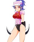  1girl artist_request blue_hair blush breasts curvy female garada_k7 hat leotard long_hair looking_at_viewer medium_breasts partially_visible_vulva red_eyes robot_girls_z shiny shiny_skin smile solo 