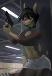  2018 5_fingers anthro black_hair canine clothed clothing collar detailed_background digital_media_(artwork) dog female green_eyes gun hair holding_object holding_weapon mammal melloque midriff navel ranged_weapon solo standing weapon 