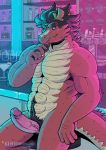  2018 alcohol anthro bar bartender belly_hair beverage blush bottle claws cup dragon eastern_dragon erection facial_hair goatee horn looking_at_viewer male muscular nightclub nude penis pubes scales scalie smile solo tenka_ryuutou wanikami whiskers 