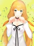  bad_id bad_twitter_id bangs black_choker black_ribbon blush choker closed_mouth dress eyebrows_visible_through_hair hair_ornament hairclip heart heart_hands highres kingdom_hearts kingdom_hearts_unchained_x long_hair long_sleeves looking_at_viewer low_twintails mizu_ramen orange_hair orange_ribbon ribbon smile solo strelitzia_(kingdom_hearts) twintails white_dress x_hair_ornament 