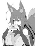  animal_ear_fluff animal_ears borrowed_character breasts bridal_gauntlets eyebrows_visible_through_hair eyes_visible_through_hair food fox_ears greyscale hair_between_eyes hair_ornament hairpin highres holding holding_food huge_breasts kiri_(sub-res) long_hair looking_at_viewer monochrome one_eye_closed original reddgeist sandwich simple_background slit_pupils solo upper_body white_background 