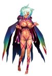  1girl :&lt; aqua_hair barefoot blue_hair blush breasts cape cleavage cowboy_shot dark_skin deep_skin female full_body hair_over_one_eye hood large_breasts looking_at_viewer nasara_(taimanin_asagi) navel nipples puffy_nipples pussy_juice red_eyes sasayuki shiny shiny_skin short_hair simple_background solo sweat taimanin_(series) taimanin_asagi taimanin_rpgx thigh_gap thighs white_background 