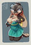  2018 anklet anthro barefoot big_ears blush breasts brown_fur chest_tuft clothing dress eyewear female fur glasses jewelry kazie kneeling lagomorph mammal paws rabbit reign-2004 simple_background smile solo tan_fur tuft undressing 