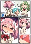  :d :o bangs beige_shirt blue_hair blush bow bowtie breasts closed_eyes closed_mouth comic eyebrows_visible_through_hair faceless faceless_female flying_sweatdrops green_hair hair_between_eyes hair_ribbon juliet_sleeves kaname_madoka kanikama long_hair long_sleeves looking_at_viewer mahou_shoujo_madoka_magica miki_sayaka mitakihara_school_uniform multiple_girls naughty_face nose_blush open_mouth outstretched_arm pink_eyes pink_hair puffy_sleeves red_neckwear red_ribbon ribbon school_uniform shaded_face shizuki_hitomi silent_comic small_breasts smile sweat twintails very_long_hair 