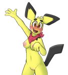  4_fingers alpha_channel amber_eyes anthro areola black_fur black_nose blush breasts cute_fangs female fur looking_at_viewer maypul_syrup mostly_nude nintendo nipples open_mouth pichu pok&eacute;mon pok&eacute;mon_(species) pussy raised_tail snout solo video_games waving yellow_fur 