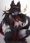  alder animal_ears black_hair black_skin blush breasts dog_ears heart hellhound highres large_breasts long_hair looking_at_viewer monster_girl_encyclopedia parted_lips red_eyes smile solo squatting tongue tongue_out 