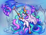  2018 detailed_background digital_media_(artwork) dragon duo equine feathered_wings feathers feral friendship_is_magic green_eyes hair hooves horn mammal membranous_wings multicolored_hair my_little_pony oksara princess_celestia_(mlp) purple_eyes smile white_feathers winged_unicorn wings 