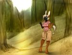  2018 4_toes 5_fingers anthro barefoot blue_eyes clothed clothing detailed_background digital_media_(artwork) female forest kittydee lagomorph mammal outside rabbit solo toes tree 