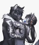  2018 5_fingers anthro black_hair black_lips black_nose blue_eyes blue_tongue breasts canine digital_media_(artwork) duo female fur grey_fur hair kero_tzuki male mammal nude smile wolf 