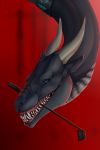  2018 absurd_res ambiguous_gender black_scales black_skin blue_eyes blurred_background caelthar collar curved_horn digital_media_(artwork) dragon feral flamingtitania front_view grin headshot_portrait hi_res horn looking_down markings portrait rape_face red_background riding_crop scales scalie sharp_teeth simple_background smaller_version_at_source smile smooth_horn solo teeth watermark western_dragon whip white_horn white_scales 