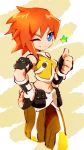  ;) bangs bare_arms blue_eyes brown_pants cropped_legs fingerless_gloves gloves hand_on_hip kon_(kin219) midriff neige one_eye_closed orange_hair pants pouch rockman rockman_zero rockman_zero_4 smile solo star thumbs_up 