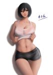  black_hair breasts brown_eyes cleavage highres large_breasts lifted_by_self lips looking_at_viewer midriff mikasa_ackerman navel parted_lips see-through shingeki_no_kyojin shirt_lift short_hair short_shorts shorts solo standing tank_top thigh_gap wet wet_clothes white_background zyl 