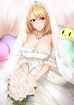  1girl azur_lane bare_shoulders blonde_hair breasts bridal_veil cleavage dress heart heart_pillow jewelry large_breasts necklace pillow prince_of_wales_(azur_lane) red_eyes smile solo stuffed_animal stuffed_toy veil wedding_dress 