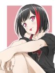  bang_dream! black_hair black_shirt bob_cut chikara923vn collar hands_on_own_knees hands_together lightning_bolt looking_at_viewer mitake_ran mouth_hold multicolored_hair off_shoulder pink_eyes plectrum red_hair shirt short_hair short_sleeves sitting solo streaked_hair studded_collar 