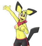  4_fingers amber_eyes anthro areola black_fur black_nose breasts clothed clothing cute_fangs female fur looking_at_viewer maypul_syrup nintendo nipples open_mouth pichu pok&eacute;mon pok&eacute;mon_(species) raised_tail snout solo topless video_games waving yellow_fur 