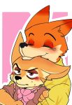  2016 anthro anthro_on_anthro black_nose blush border brown_eyes brown_fur canine cheek_tuft clothed clothing crossdressing cuddling disney dress duo eyes_closed fennec finnick fox frown fur grabbing_from_behind half-closed_eyes hug inner_ear_fluff larger_male looking_back male male/male mammal multicolored_fur nick_wilde orange_fur pink_background saku1saya shirt simple_background size_difference smaller_male smile sweat sweatdrop tuft two_tone_fur white_border white_fur zootopia 