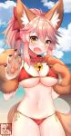  absurdres animal_ear_fluff animal_ears beach bell bell_collar bikini blush breasts cat_paws cleavage collar collarbone day eyebrows_visible_through_hair fang fangs fate/grand_order fate_(series) fox_ears fox_tail gloves hair_ribbon highres long_hair looking_at_viewer navel neko_lu ocean open_mouth outdoors paw_gloves paws pink_hair ponytail red_bikini red_ribbon ribbon side-tie_bikini solo swimsuit tail tamamo_(fate)_(all) tamamo_cat_(fate) 