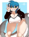  2018 animal_humanoid bent_over breasts cleavage clothed clothing fangs female green_eyes hi_res hoodie humanoid kloudmutt looking_at_viewer marine nipple_bulge shark_humanoid sharp_teeth slit_pupils solo teeth v_sign 