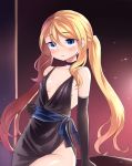  blonde_hair blue_eyes blush breasts choker commentary_request dress elbow_gloves elina_lavrentieva eyebrows_visible_through_hair gloves hair_between_eyes highres long_hair neit_ni_sei no_panties open_mouth original sash shiny shiny_skin small_breasts solo sweatdrop twintails upper_body 