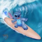  2018 4_fingers 4_toes absurd_res alien blue_claws blue_eyes blue_fur blue_nose chest_tuft claws disney experiment_(species) fur happy head_tuft hi_res lilo_and_stitch notched_ear open_mouth open_smile smile solo stitch surfboard surfing thebmeister toes tuft water wave 