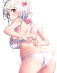 ahoge arms_behind_back ass bare_shoulders blush bra breasts butt_crack commentary_request large_breasts looking_at_viewer looking_back open_mouth original panties red_eyes ribbon simple_background solo standing underwear underwear_only undressing white_background white_bra white_hair white_panties yasuyuki 