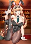  absurdres ahoge animal_ears aqua_eyes aqua_neckwear arm_support bar blonde_hair blush breasts bunnysuit chiyo_goya cleavage collarbone covered_navel detached_collar eyewear_on_head fake_animal_ears fishnet_pantyhose fishnets girls_frontline gun hair_flaps highres holding holding_weapon indoors kneeling large_breasts light_machine_gun long_hair looking_at_viewer m1918_bar m1918_bar_(girls_frontline) machine_gun open_mouth pantyhose solo sunglasses very_long_hair weapon wrist_cuffs 