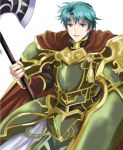  armor blue_eyes blue_hair cape ephraim fire_emblem fire_emblem:_seima_no_kouseki fire_emblem_heroes halberd holding holding_shield holding_weapon looking_at_viewer pauldrons polearm rem_sora410 shield simple_background smile solo weapon white_background 