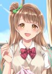  :d absurdres bangs blush bow bowtie brown_hair collared_shirt commentary_request condensation_trail curtains eyebrows_visible_through_hair green_bow hair_bow highres holding_needle huge_filesize long_hair looking_at_viewer love_live! love_live!_school_idol_project minami_kotori nanami_(nnsk_nnm) needle one_side_up open_mouth otonokizaka_school_uniform red_neckwear school_uniform sewing sewing_needle shirt short_sleeves smile solo striped striped_neckwear sweater_vest upper_body white_shirt window 