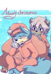  2015 3_toes :3 anthro bag barefoot biped black_nose blue_background blue_eyes blue_fur blush brown_fur canine cheek_tuft christmas clothed clothing cub dog duo fully_clothed fur fur_markings grey_fur grey_hair hair half-closed_eyes hand_on_face hat holidays hoodie inner_ear_fluff looking_at_another male mammal markings multicolored_fur mustelid open_mouth otter pants red_eyes saku1saya santa_hat seiya_(saku1saya) simple_background sitting smile spots tired toes tuft two_tone_background two_tone_fur white_background white_fur young 