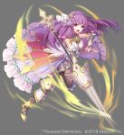  :o absurdres armor attack black_legwear bow braid copyright_name cross_hair_ornament elbow_gloves fighting_stance full_body gloves grey_background hair_bow hair_ornament highres lance long_hair looking_at_viewer official_art pink_bow polearm purple_eyes purple_hair purple_skirt running shoes skirt solo takamiya_ren thousand_memories v-shaped_eyebrows very_long_hair weapon yellow_footwear 